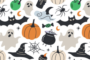 Halloween themed hand drawn seamless pattern, spooky colored ornament of pumpkins, witch hat, bats and cauldron icons, vector illustrations of Halloween party symbols on white background