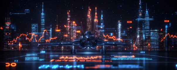 Fototapeta premium Economic charts overlay a futuristic aerospace industry skyline, symbolizing financial trends and growth. 