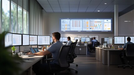 company's office, employees working at desks with multiple screens, office job, corporate business
