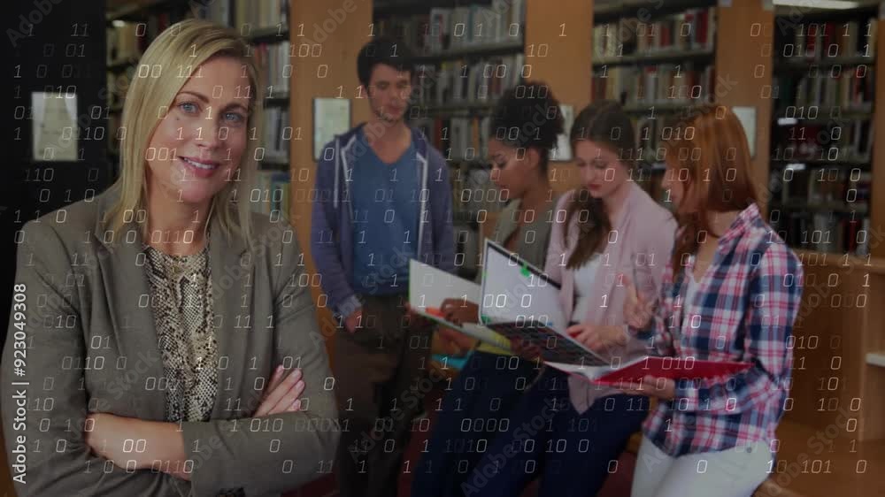 Poster binary code animation overlaying diverse students studying in school library