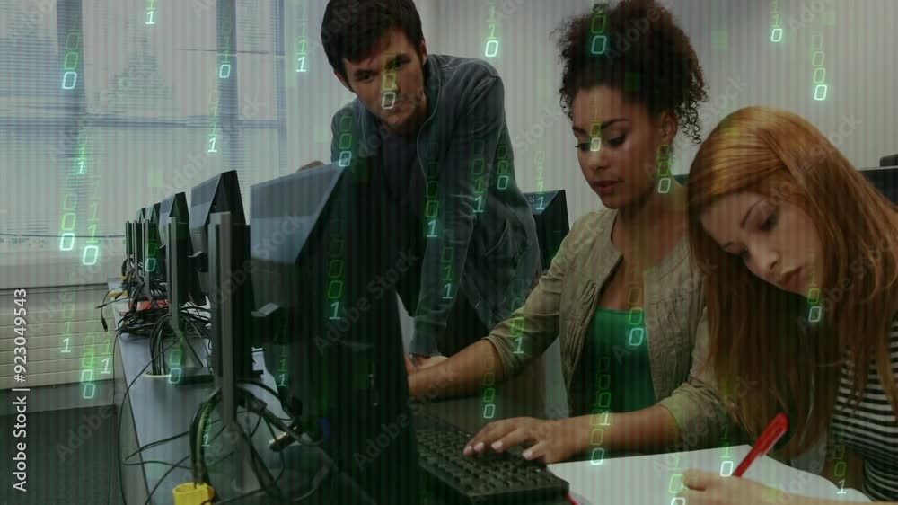 Poster binary code animation over diverse people working on computers in office