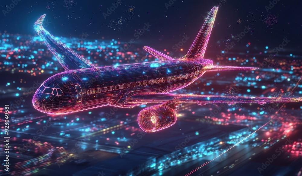 Poster photo of a futuristic airplane with visualization lines and colorful neon high technological pattern
