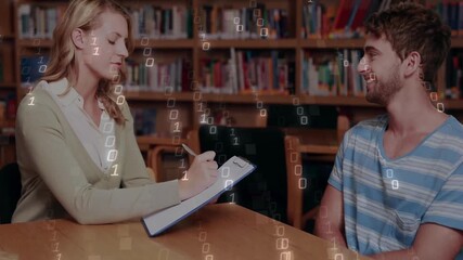 Binary code animation overlaying two people discussing in school library