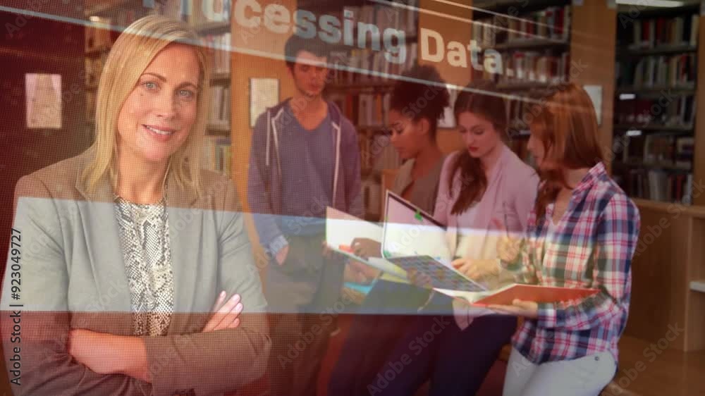 Poster processing data animation over diverse students studying in school library