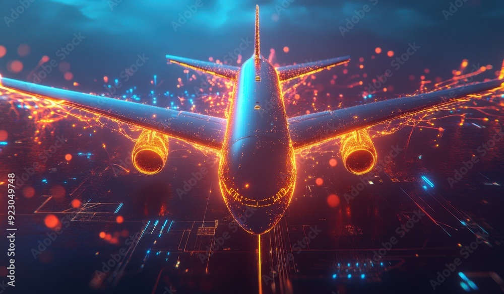 Poster photo of a futuristic airplane with visualization lines and colorful neon high technological pattern