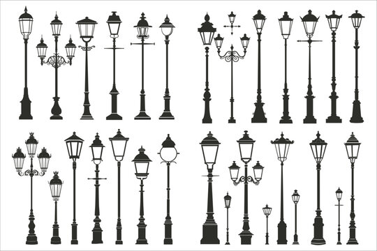 Set of street old lamps silhouettes, lamp post light silhouette set, Vector black silhouettes of streetlight, Set of street lamp silhouette vector, Street lamp silhouette icon