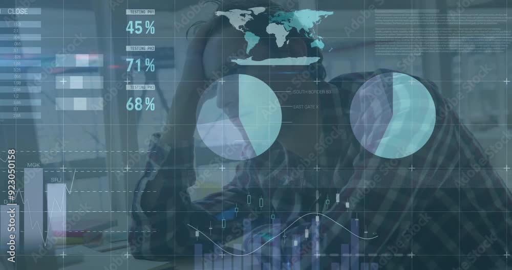 Poster financial data charts and world map animation over person working on computer