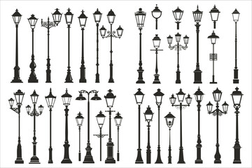 Set of street lamp silhouette vector, Set of street old lamps silhouettes, lamp post light silhouette set, Street lamp silhouette icon, Collection of street lamp silhouette