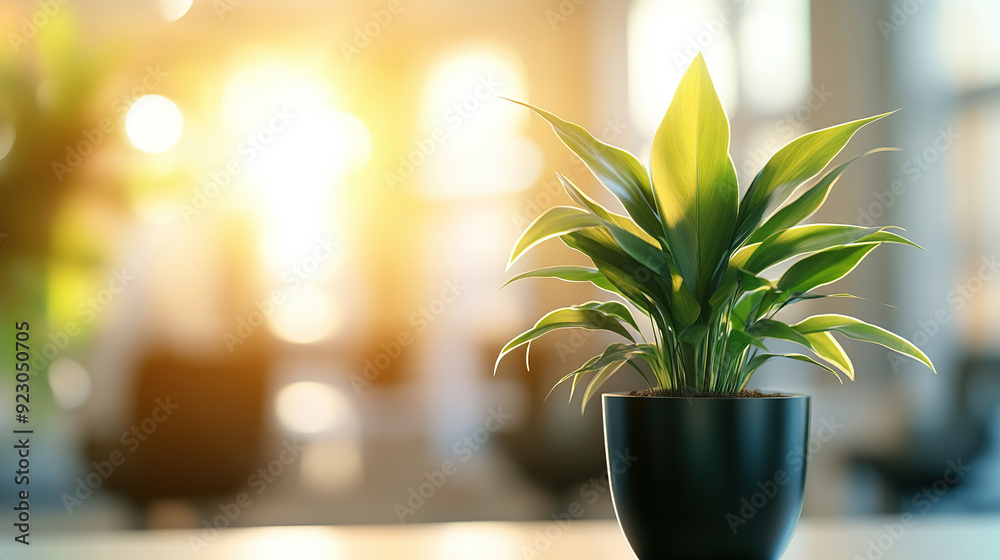 Wall mural Beautiful potted plant in a modern office interior with a blurred background