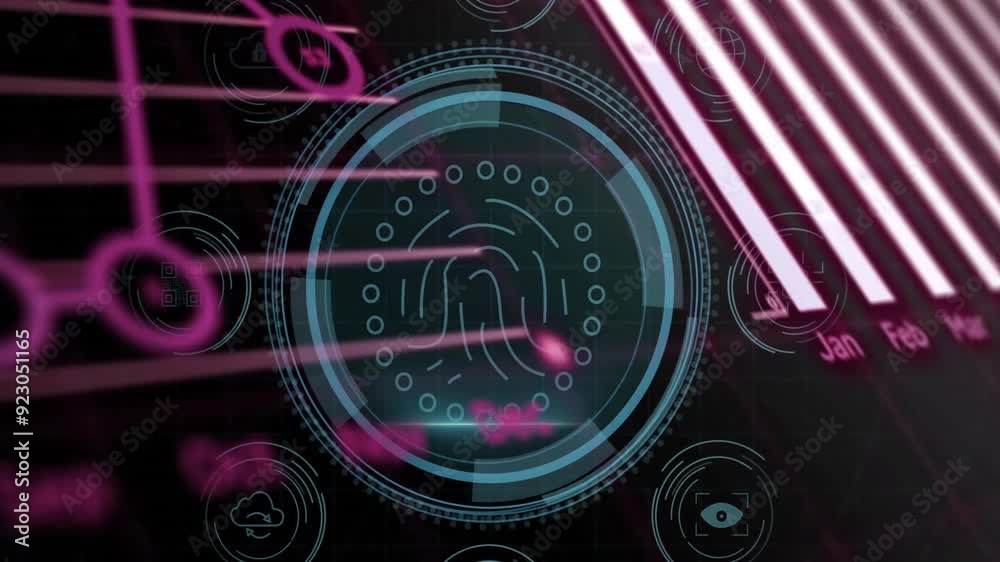 Poster fingerprint scanning and data processing animation over futuristic digital interface
