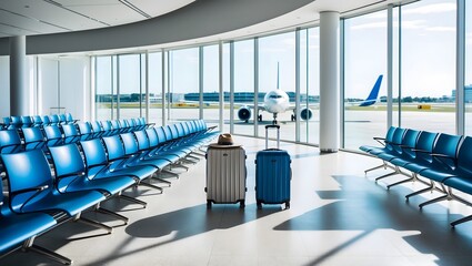 Two suitcases in an empty airport hall, traveler cases in the departure airport terminal waiting for the area, vacation concept.