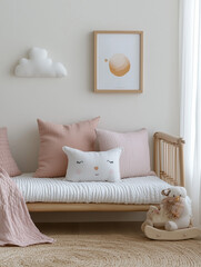  a child's room with a kids table, chair, white poster on the wall in pink color. Modern realistic interior of an empty playroom