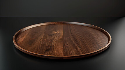 Obraz premium Full view of a round wooden tray, centrally positioned on a black background, with warm tones and textured wood grain emphasized by soft side lighting.