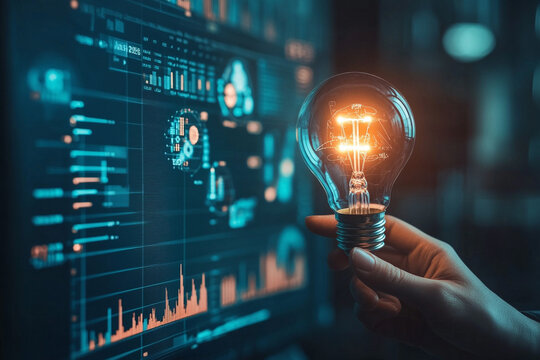 Businessman holds a bright light bulb with data analysis graphs.