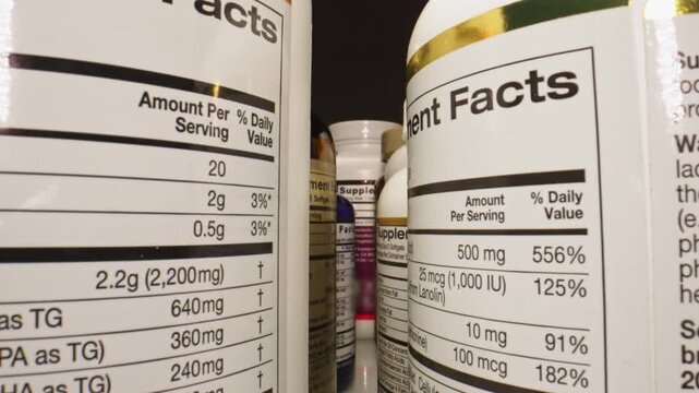 Scrolling Through Various Dietary Supplement Bottles With Labels. View of Multiple Dietary Supplement Bottles With Varying Label Information and Ingredient Details, Showcasing the Diversity in