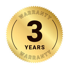 3 years warranty labels. Three Years warranty Sticker label in golden color. Warranty card stamp or banner for service provider. Gold Stars and  text label, tag or stamp Premium Quality warranty badge