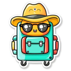 Obraz premium A cheerful cartoon suitcase wearing sunglasses and a hat, ready for travel adventures.