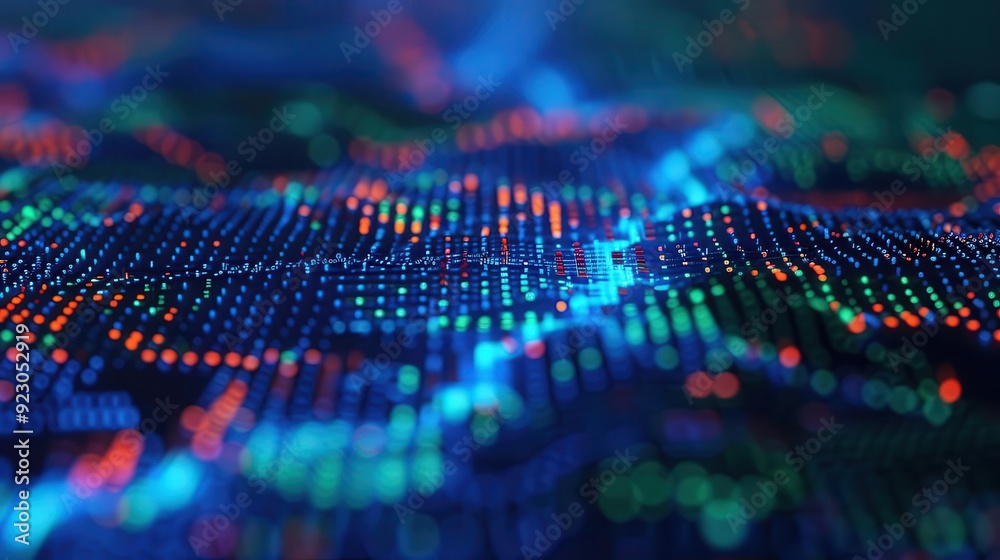 Poster abstract digital landscape with colorful dots and glowing patterns, ideal for technology and data vi