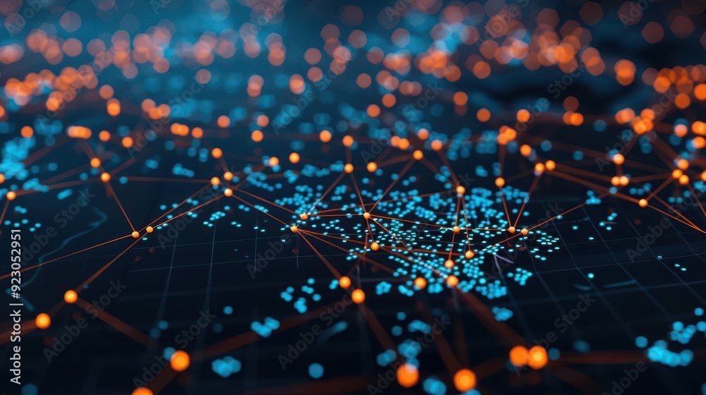 Poster abstract digital network with glowing blue and orange nodes representing data connection and communi