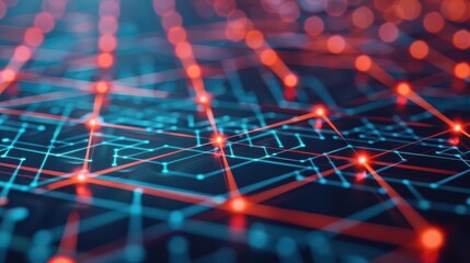 Abstract digital network with glowing nodes and lines, symbolizing technology, connectivity, and innovation.