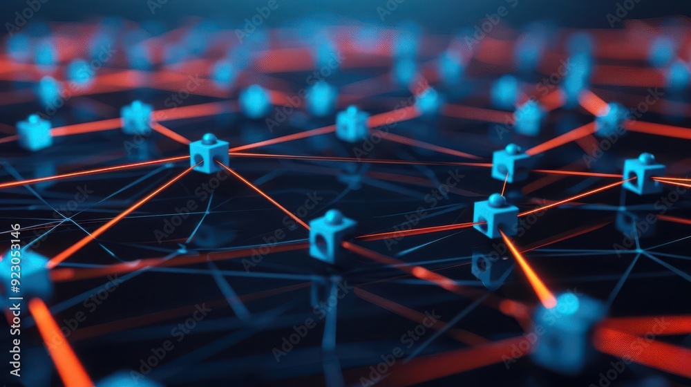 Poster an abstract network of interconnected nodes and glowing lines, showcasing technology and digital com