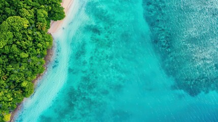 Aerial view of serene tropical beach with crystal clear water and lush greenery, perfect for travel or nature projects.