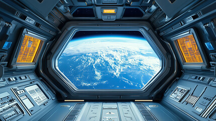 A spaceship interior with blue earth view through window