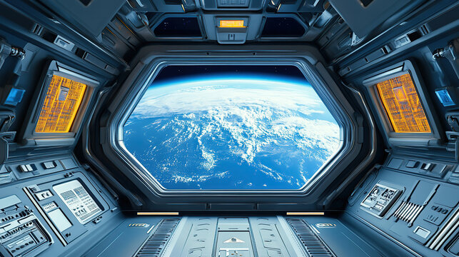 A spaceship interior with blue earth view through window
