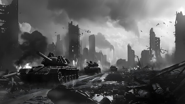 Tanks military vehicles advancing through a wartorn city with the remains of buildings and smoke rising from distant fires rendered in stark black and white