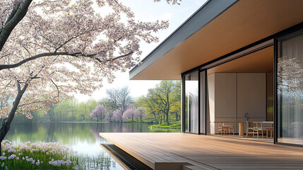A modern house with floor-to-ceiling Windows by the cherry trees along the lake
