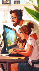 A family enjoying gaming together at home with a computer and plants around them.
