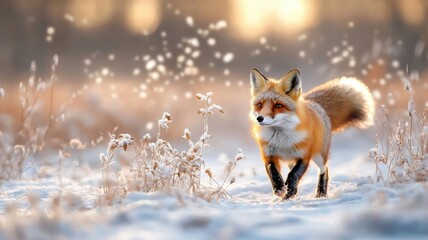 Fototapeta premium A fox darting and twirling through a snowy meadow, creating a lively dance pattern in the winter landscape.