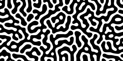 Abstract Turing organic wallpaper with background. Turing reaction diffusion monochrome seamless pattern with chaotic motion. Natural seamless line pattern. Linear design with biological shapes.