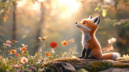 Playful cartoon fox exploring a sunlit forest clearing.