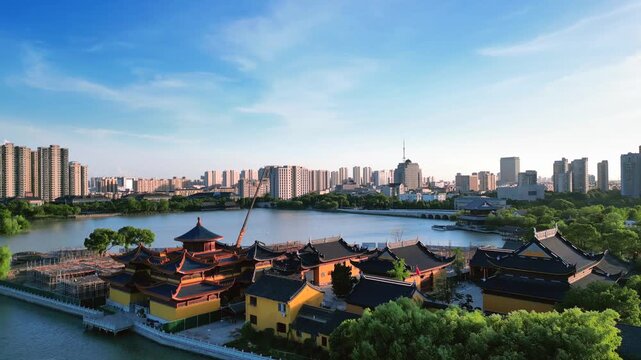 east lake scenic area, pinghu city, bao benzen temple, temples, landmarks, architecture, lakes, aerial photography, jiaxing city, zhejiang, tower, temple, east lake park, scenery, natural scenery, tou