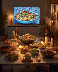 Ramadan Dining Table with Foods, Lights, and TV on Wall