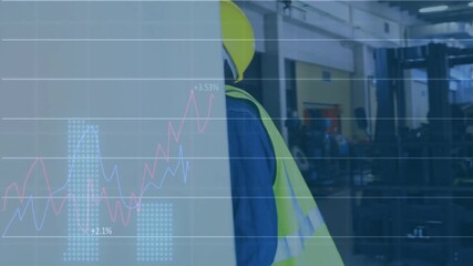 Worker in safety gear in warehouse with stock market growth animation overlaid