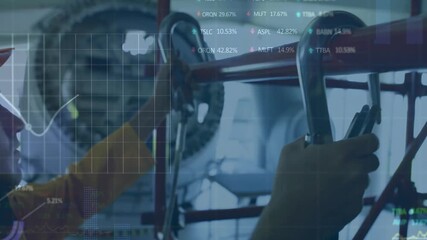 Financial data and stock market animation over industrial worker in factory - Powered by Adobe