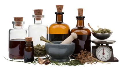 Collection of Vintage Apothecary Items: Glass Jars, Mortar and Pestle, Herbs, Scale on Isolated Surface