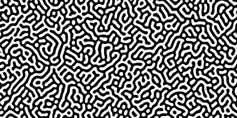 Fototapeta premium Abstract Turing organic wallpaper with background. Turing reaction diffusion monochrome seamless pattern with chaotic motion. Natural seamless line pattern. Linear design with biological shapes.