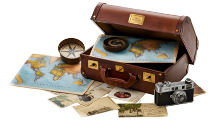 Vintage Travel Kit: Leather Suitcase, World Map, Compass, Postcards, Camera on Isolated Surface