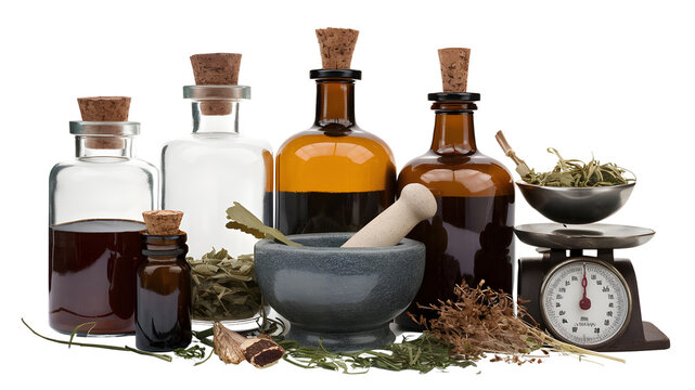 Collection of Vintage Apothecary Items: Glass Jars, Mortar and Pestle, Herbs, Scale on Isolated Surface - Powered by Adobe