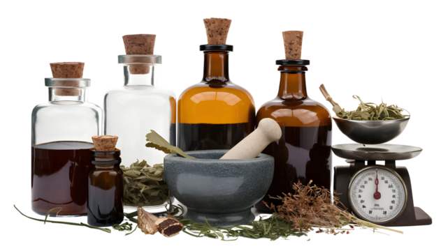 Collection of Vintage Apothecary Items: Glass Jars, Mortar and Pestle, Herbs, Scale on Isolated Surface