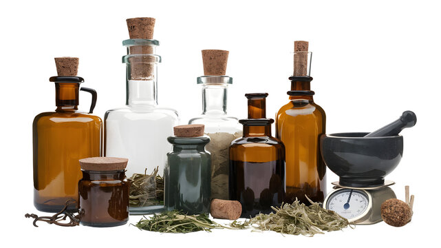 Apothecary Essentials: Glass Bottles, Mortar and Pestle, Dried Herbs, Vintage Scale on Isolated Background