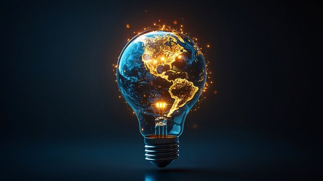 A light bulb with a globe inside, symbolizing the global impact of ideas on growth, with the globe finely detailed and rotating, showing how ideas can change the world.