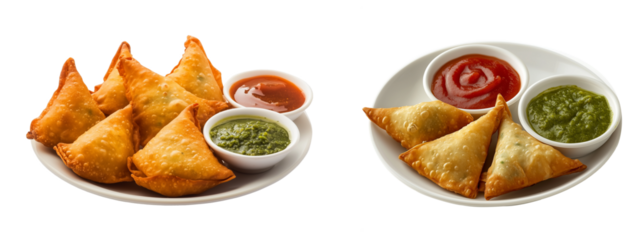 Delicious and crispy samosas served with chutney, on white or transparent background