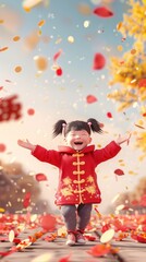 Fototapeta premium A joyful child in a festive setting, surrounded by colorful petals and autumn scenery.