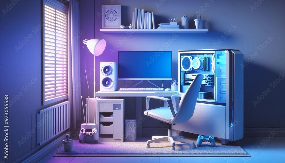 Wall mural 3d rendered computer setup colored blue illustration with realistic style among blue light and setup ornament. suitable for building image and architecture interior.