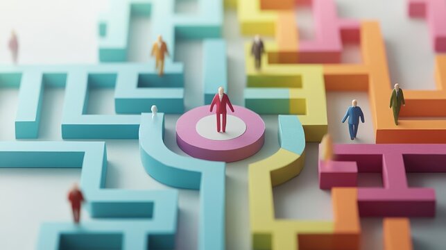 Business figures navigating a colorful maze towards a central target