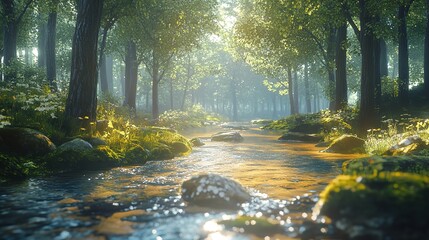 Fototapeta premium Ethereal light rays over stream in lush forest